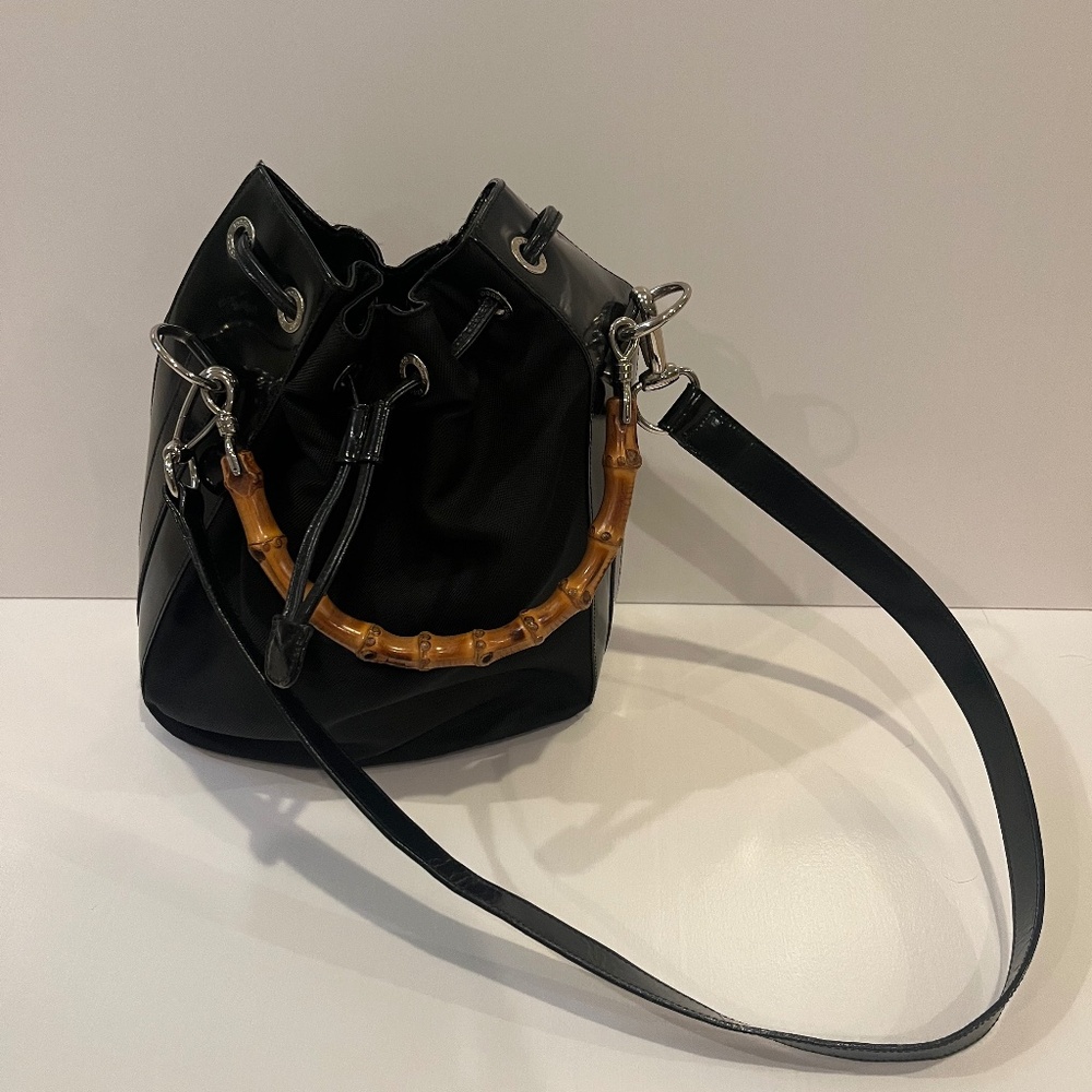 Black nylon/patent leather Gucci bucket with bamboo handle